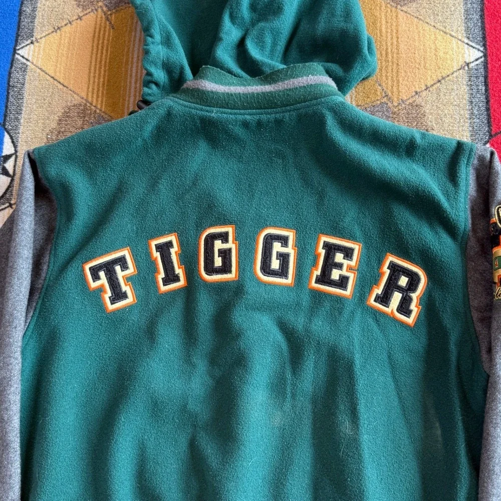 Vintage Disney Store Tigger Varsity Jacket Green Wool Blend Hooded Bomber Mens M - Picture 5 of 12